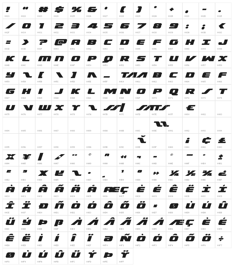 Federal Escort Expanded Italic Character Map