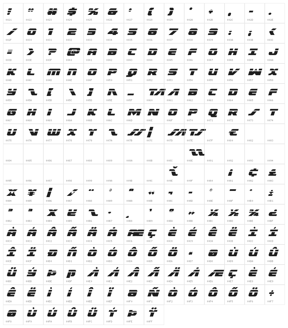 Federal Escort Laser Italic Character Map