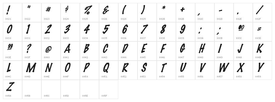 FeltMark-Italic Character Map