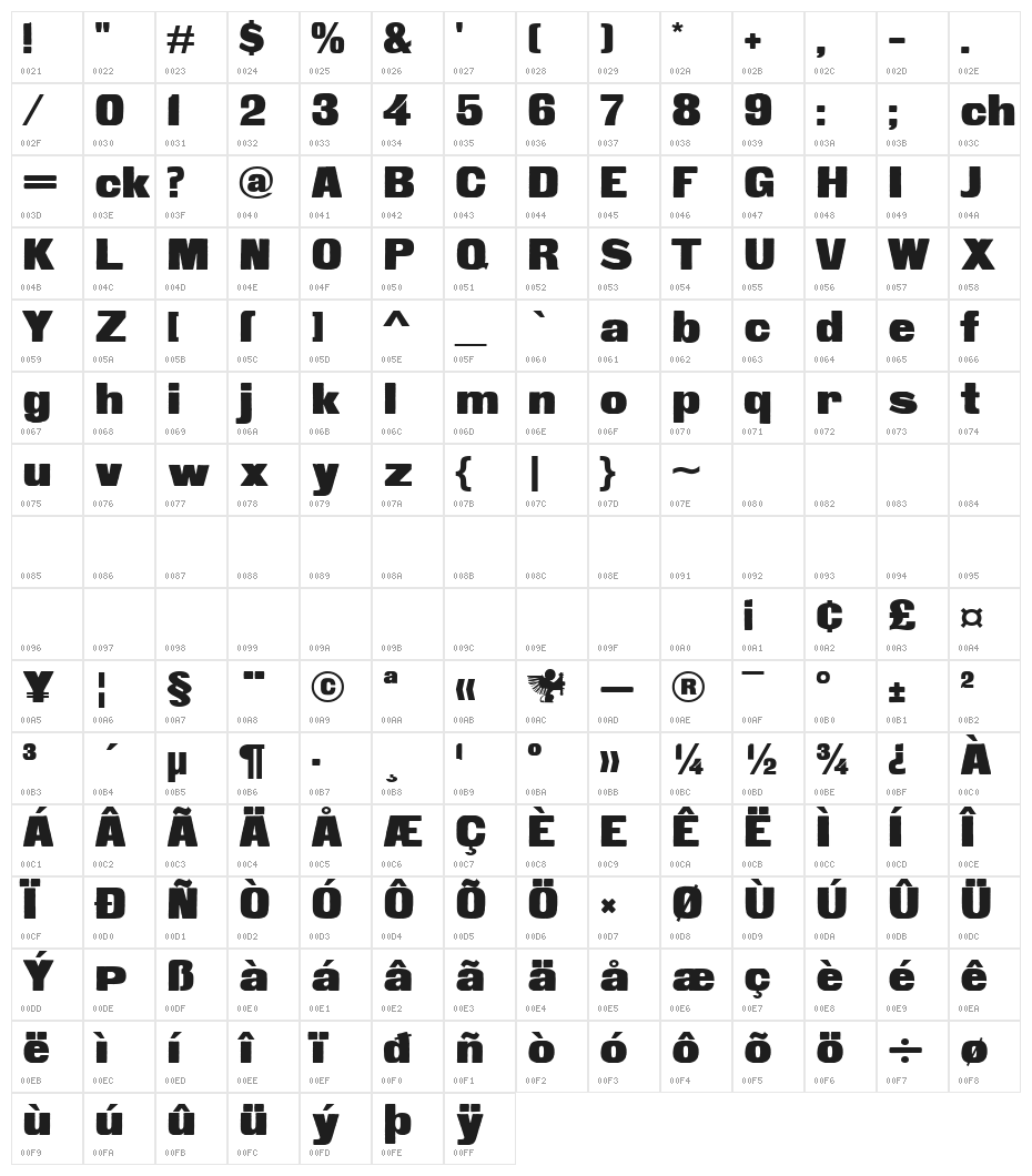 Fette Steinschrift Character Map