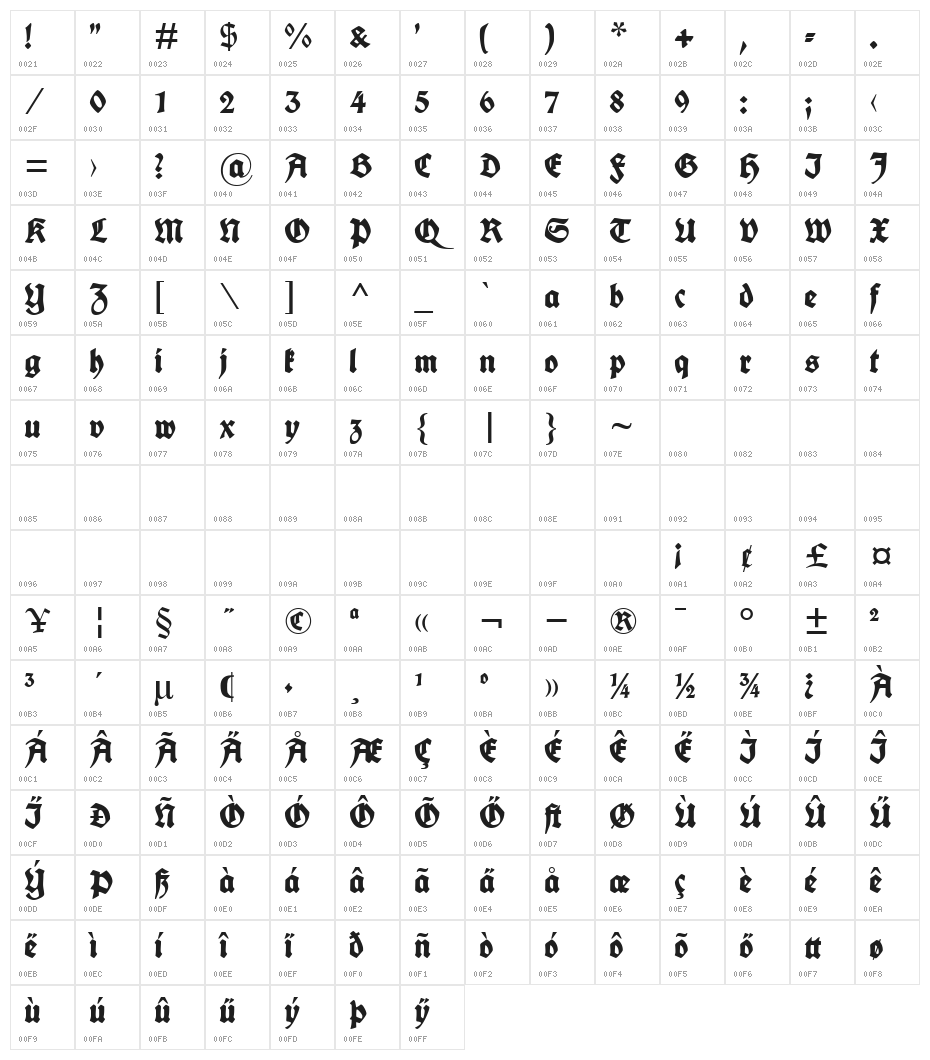 Fette deutsche Schrift UNZ1L Italic Character Map