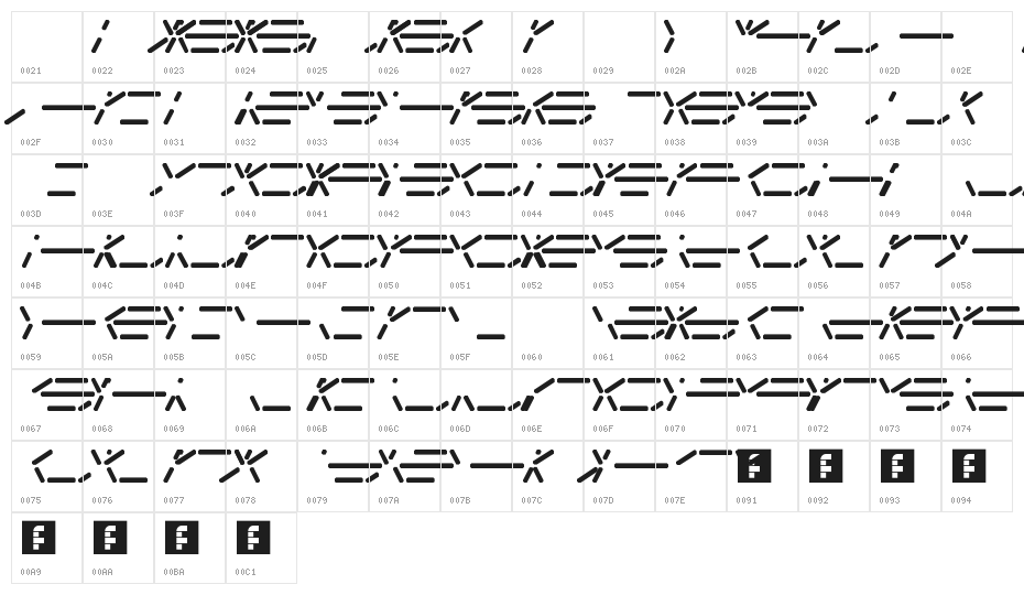 Fifteen Segment Rush Mono LDR Regular Character Map