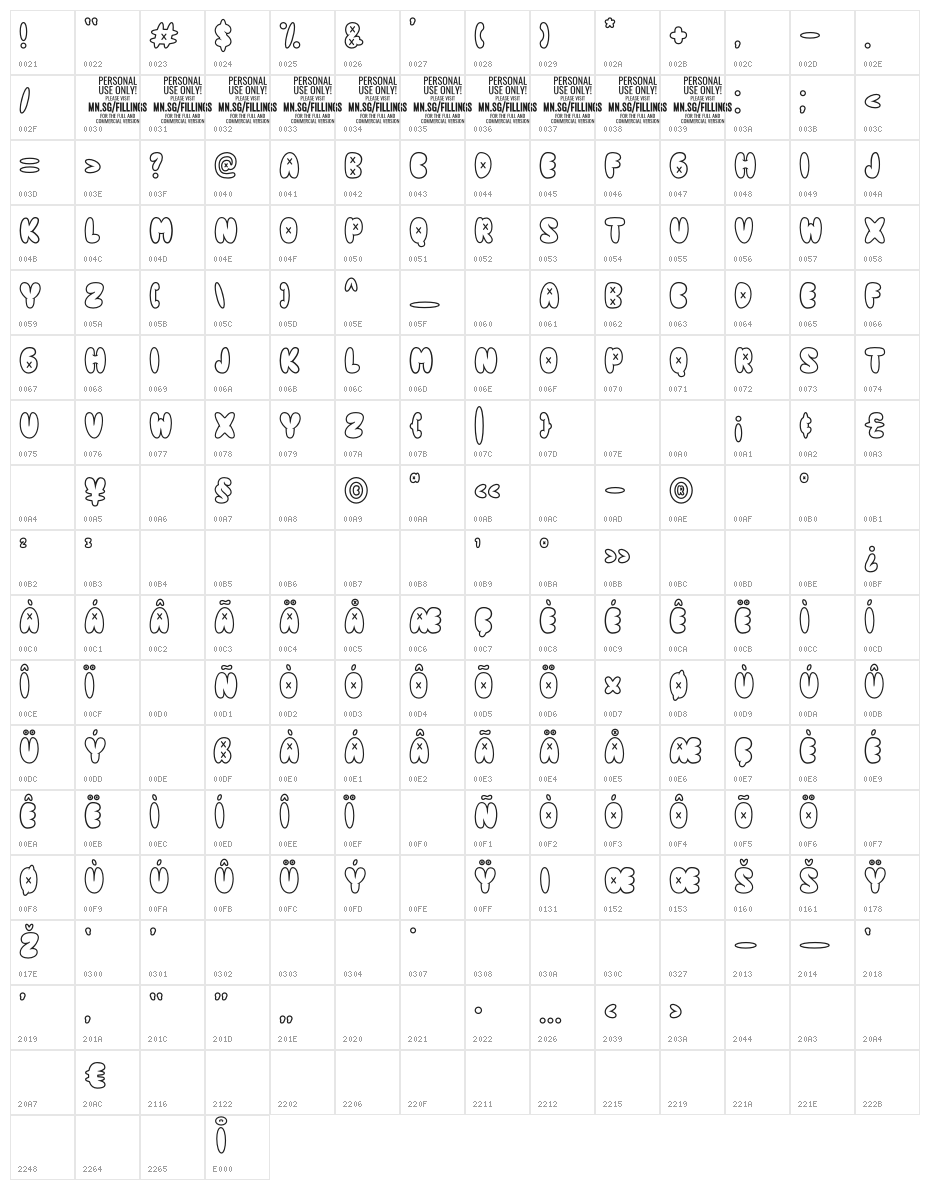 Fillings Urban Outl PERSONAL USE Regular Character Map
