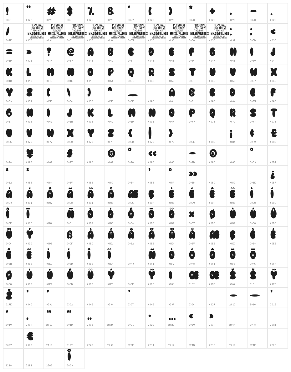 Fillings Urban PERSONAL USE ONLY Regular Character Map