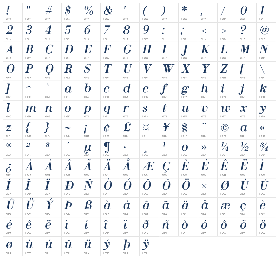 Fin Serif Display Italic Character Map