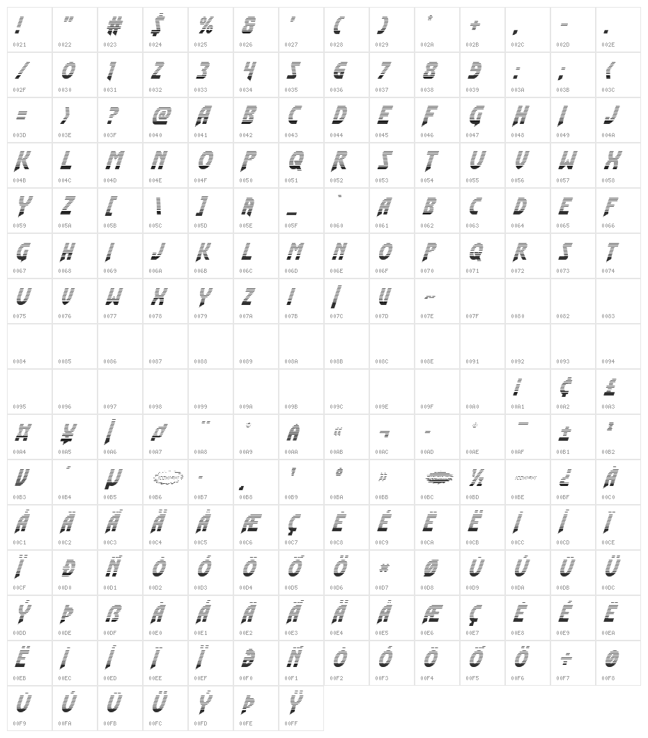 Flash Rogers Gradient Italic Character Map