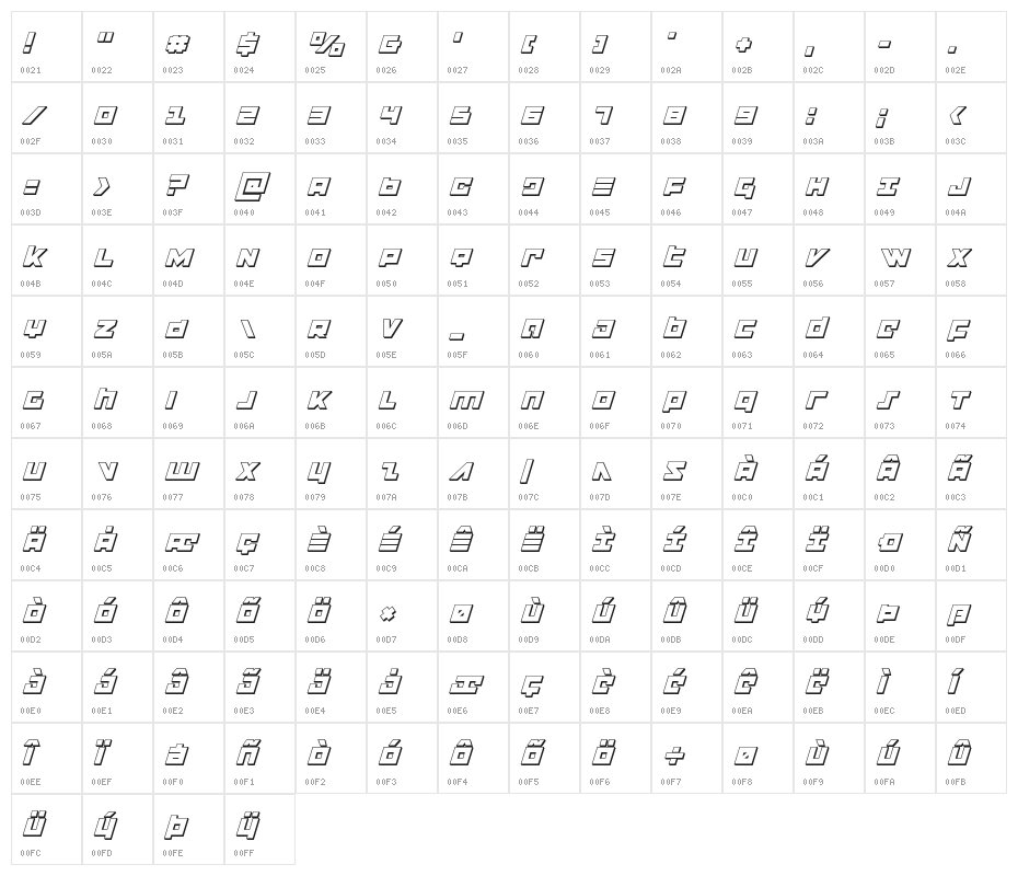 Flight Corps 3D Italic Character Map