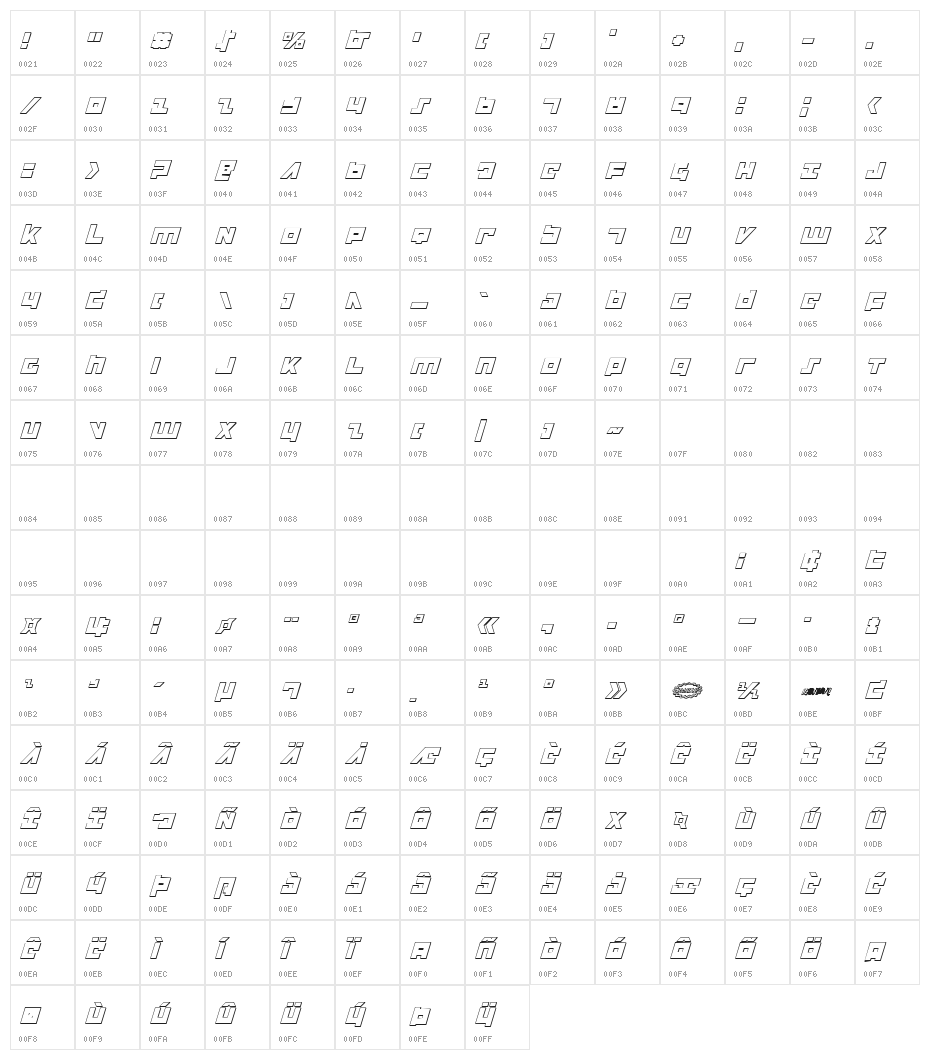 Flight Corps 3D Italic Character Map