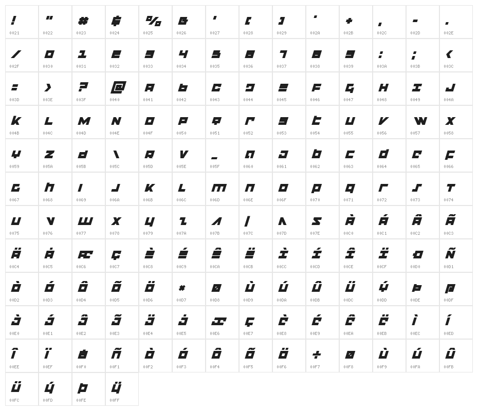 Flight Corps Italic Character Map