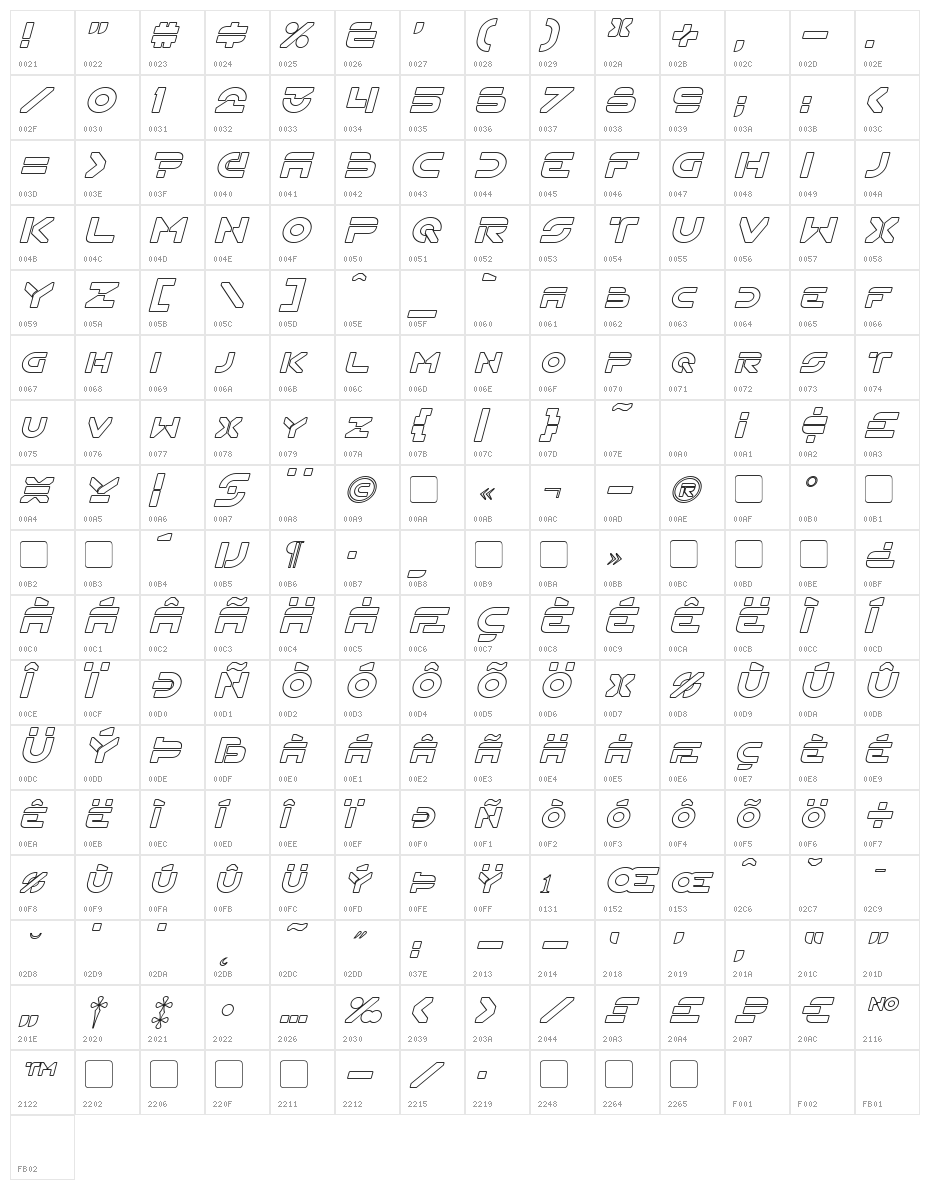 Flynn Hollow Italic Character Map