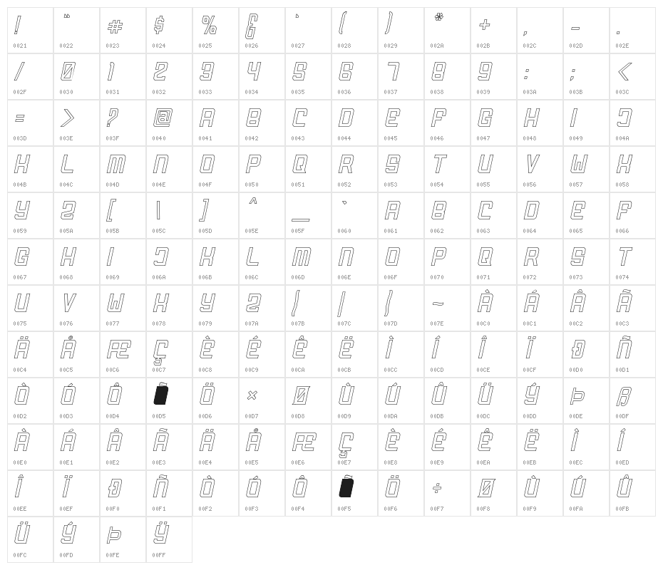 FODECUMBERS THIN ITALIC HOLOW Italic Character Map