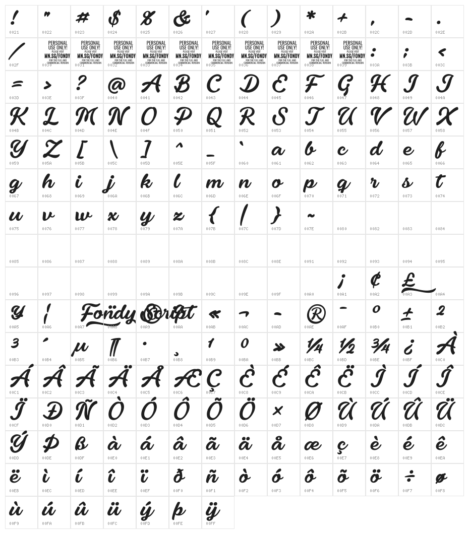 Fondy Script PERSONAL USE ONLY Character Map