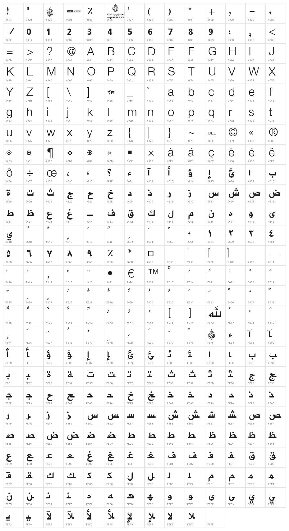 Font Aljazeera Color Character Map