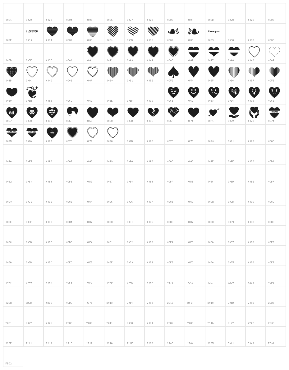 Font I Love You Character Map
