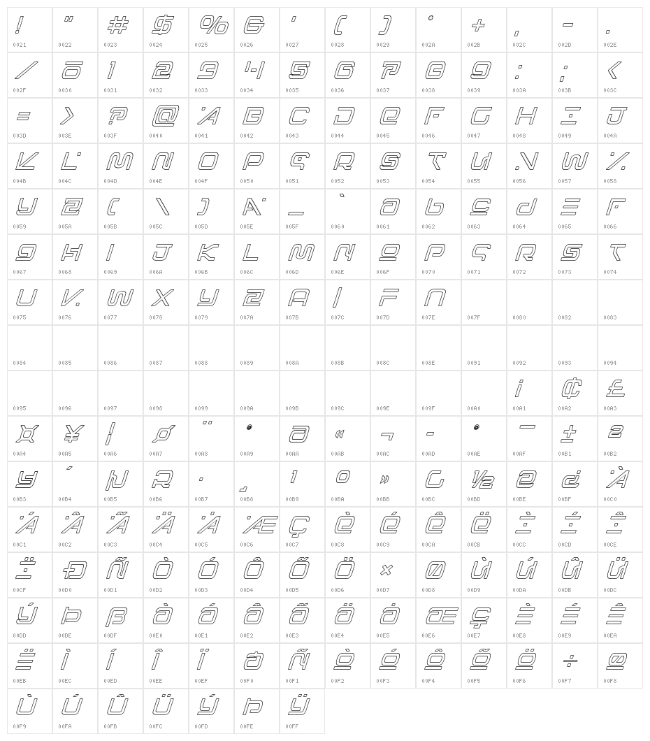 Foreign Alien Outline Italic Character Map
