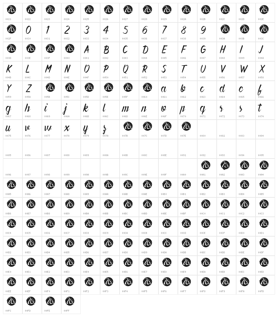 Forever Brush Script Character Map