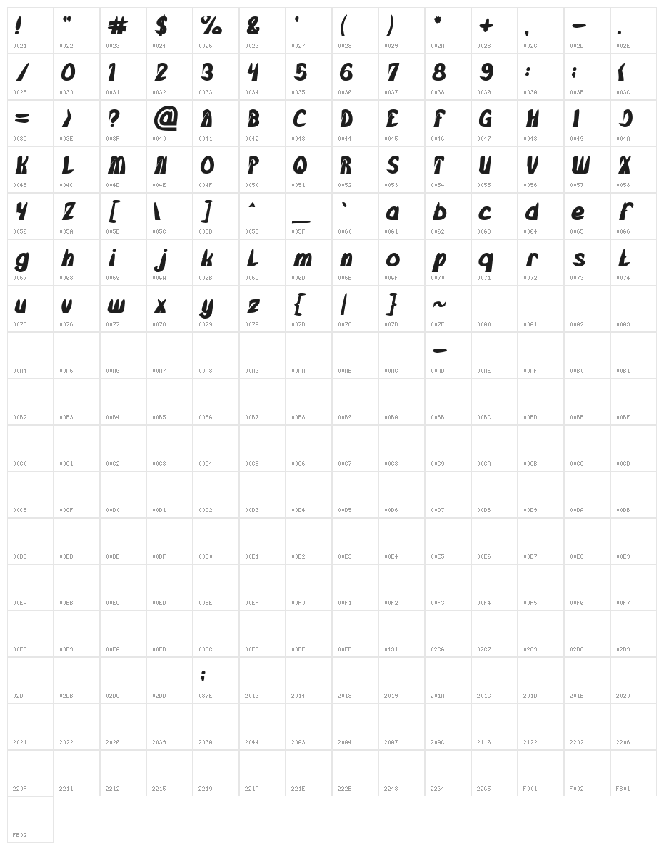 FROZEN ICE Bold Character Map