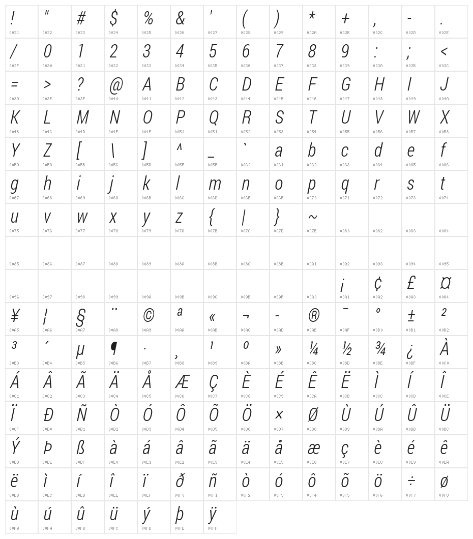 Franco Light Italic Character Map