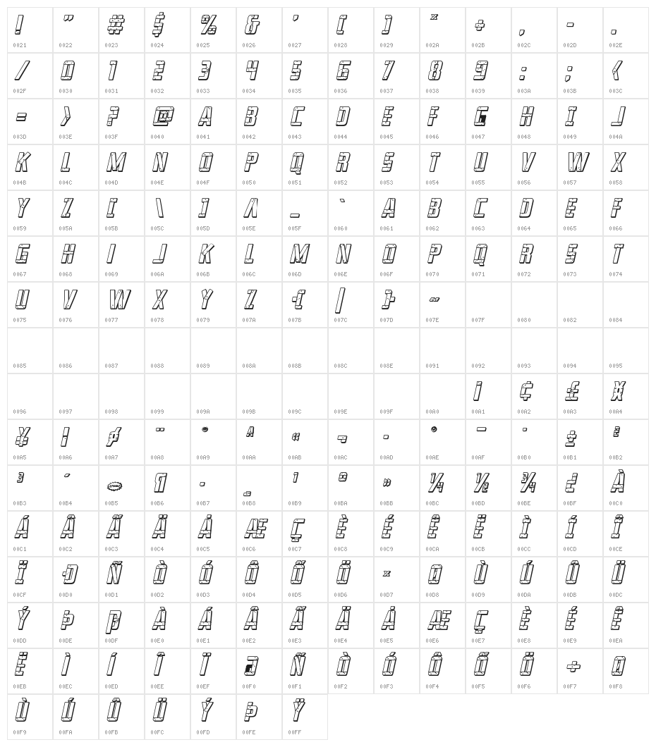 Frank-n-Plank 3D Bold Italic Character Map