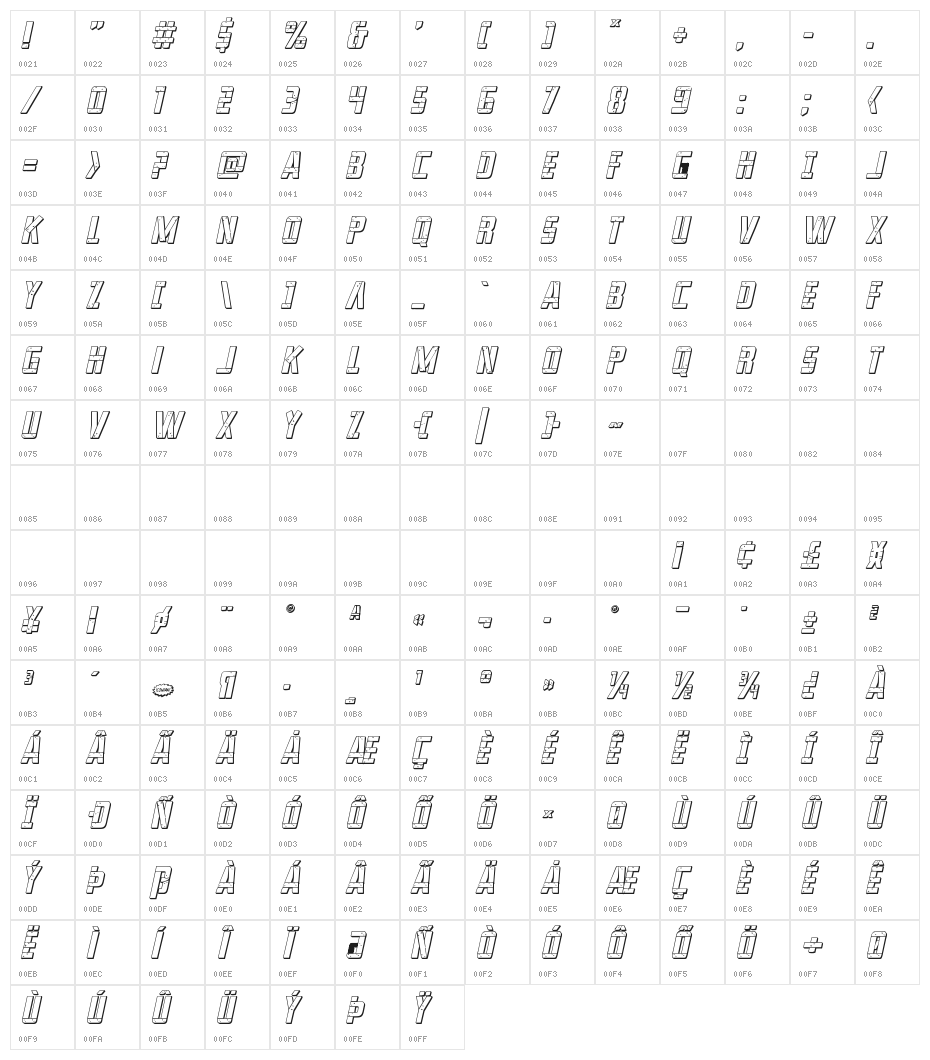 Frank-n-Plank 3D Italic Character Map