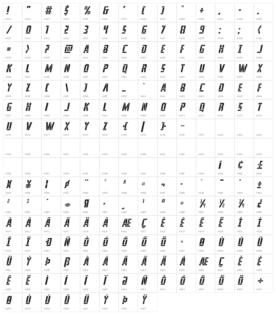 Frank-n-Plank Light Italic Character Map