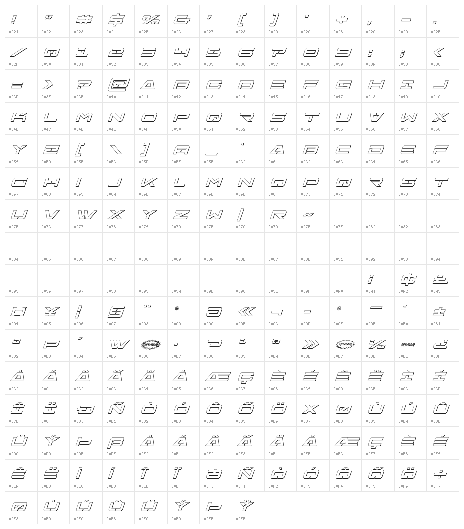 Free Agent Bold 3D Italic Character Map