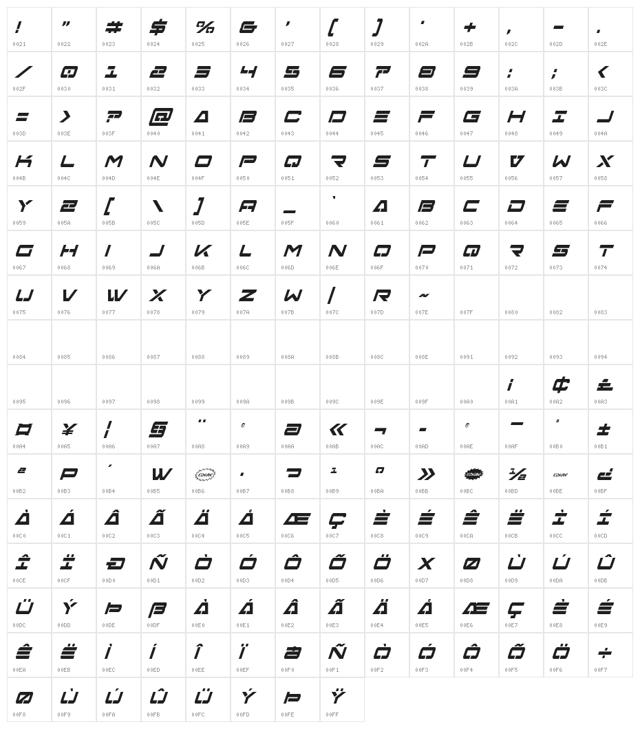 Free Agent Bold Condensed Italic Character Map