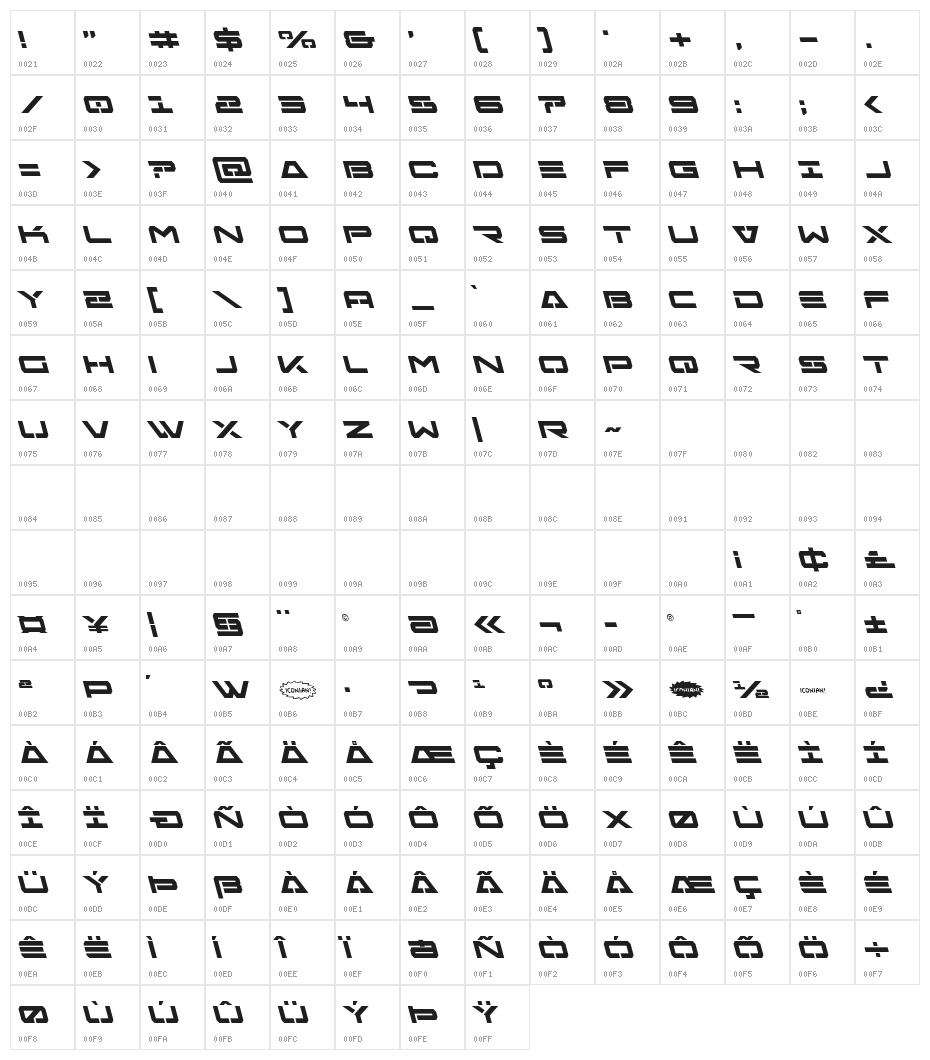 Free Agent Bold Leftalic Character Map