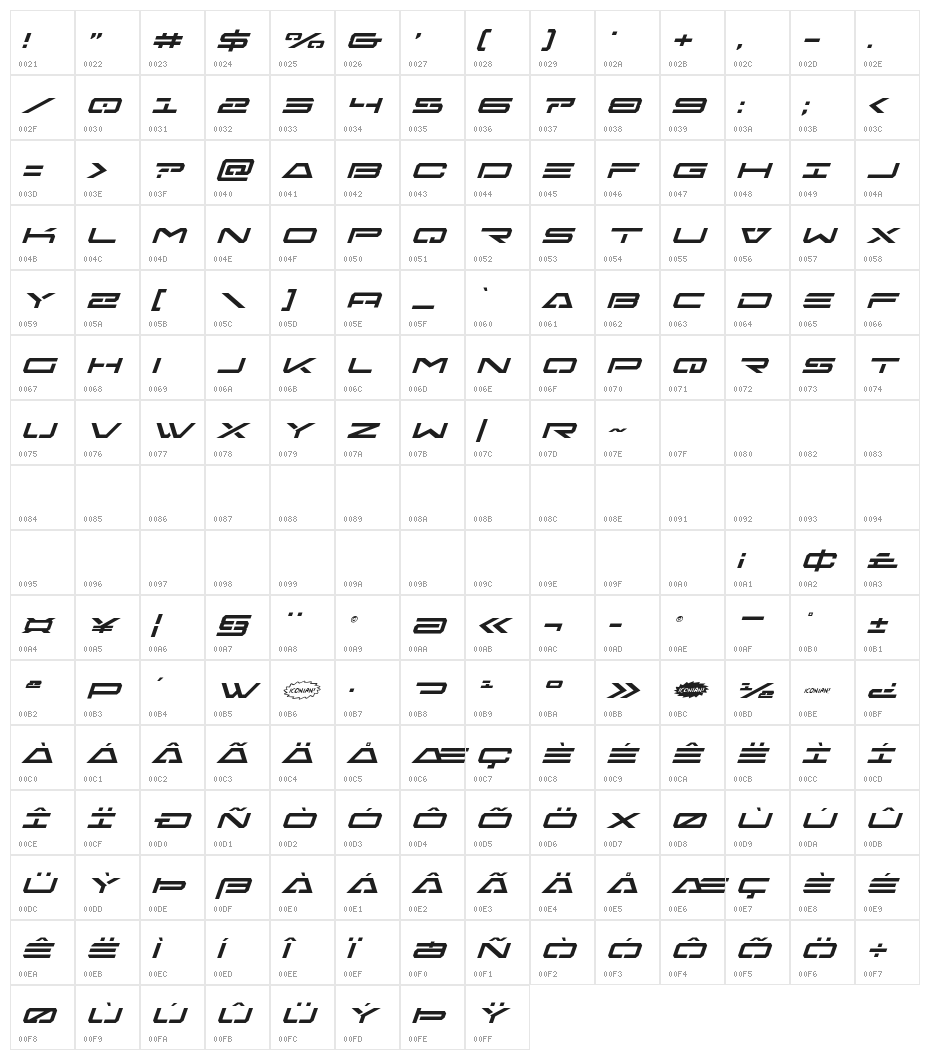 Free Agent Italic Character Map
