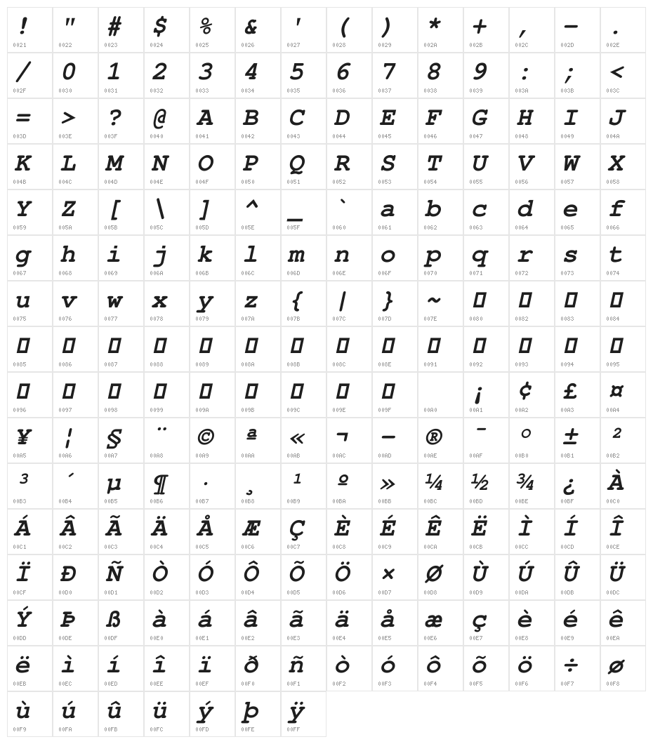 Free Monospaced Bold Oblique Character Map