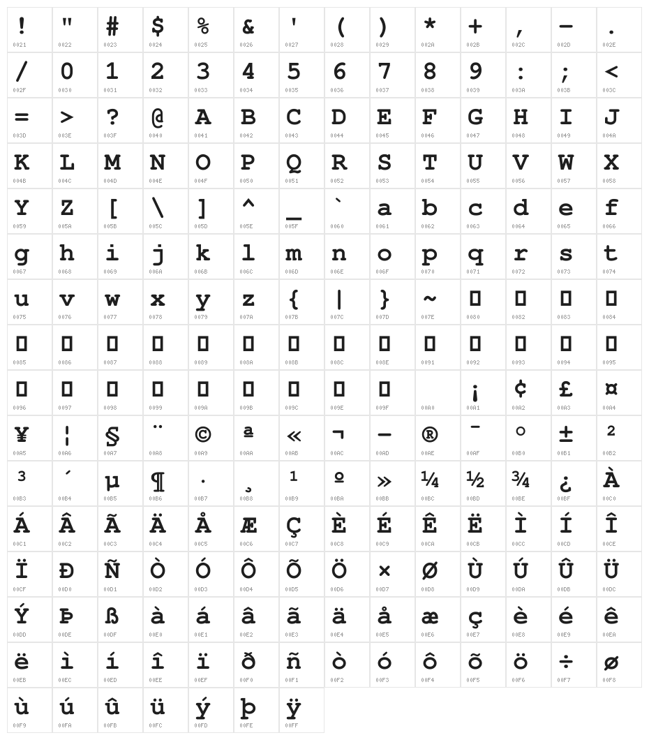 Free Monospaced Bold Character Map