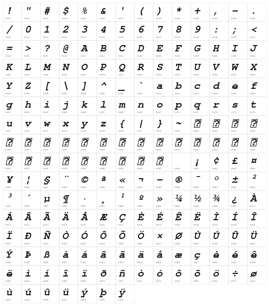 FreeMono Bold Oblique Character Map