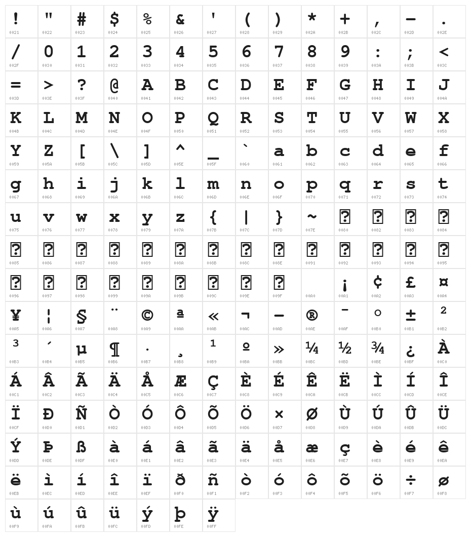 FreeMono Bold Character Map
