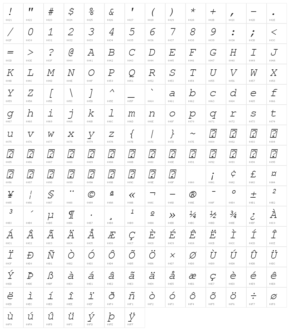 FreeMono Oblique Character Map