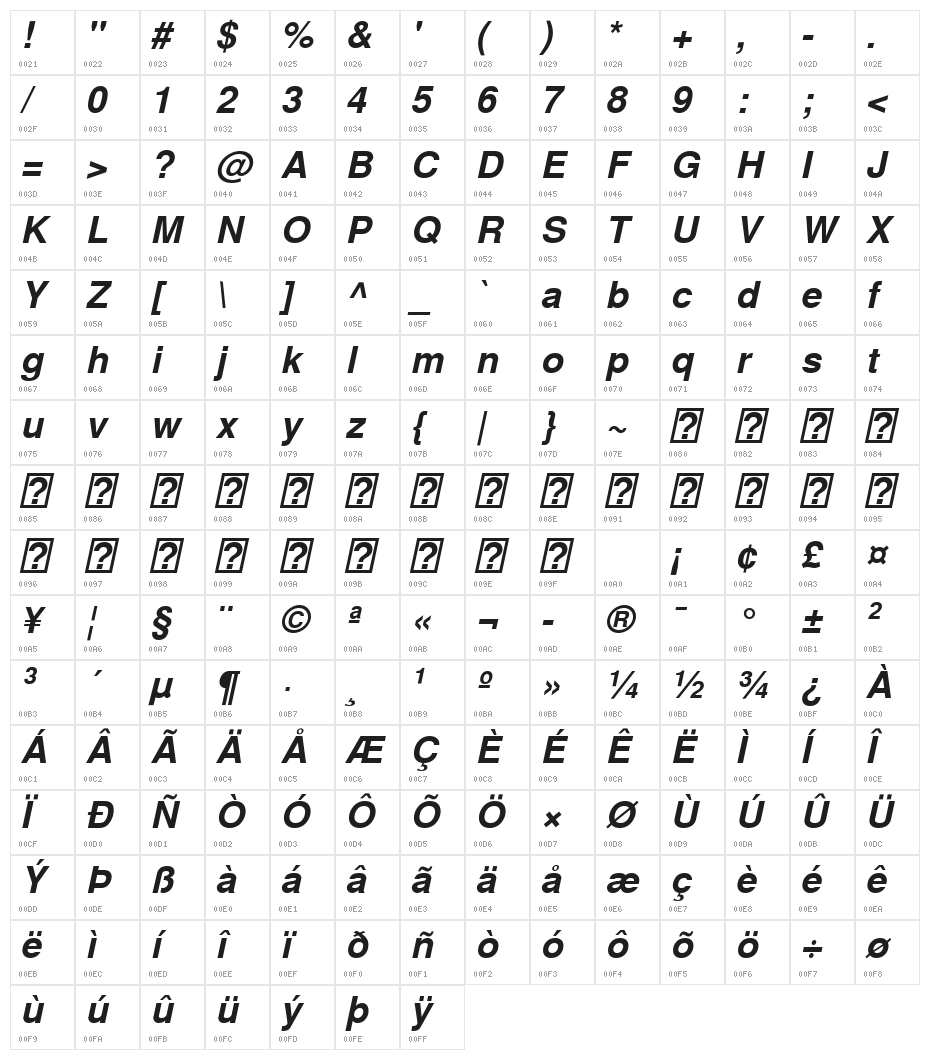 FreeSans Bold Oblique Character Map
