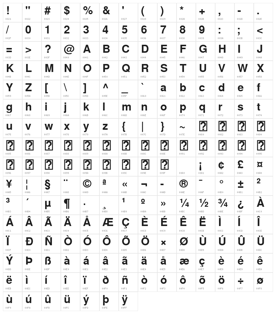 FreeSans Bold Character Map