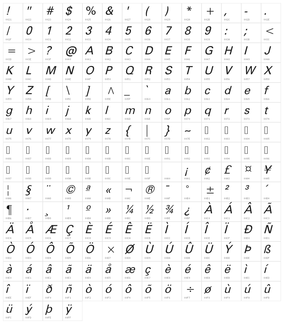 FreeUniveral-Italic Character Map