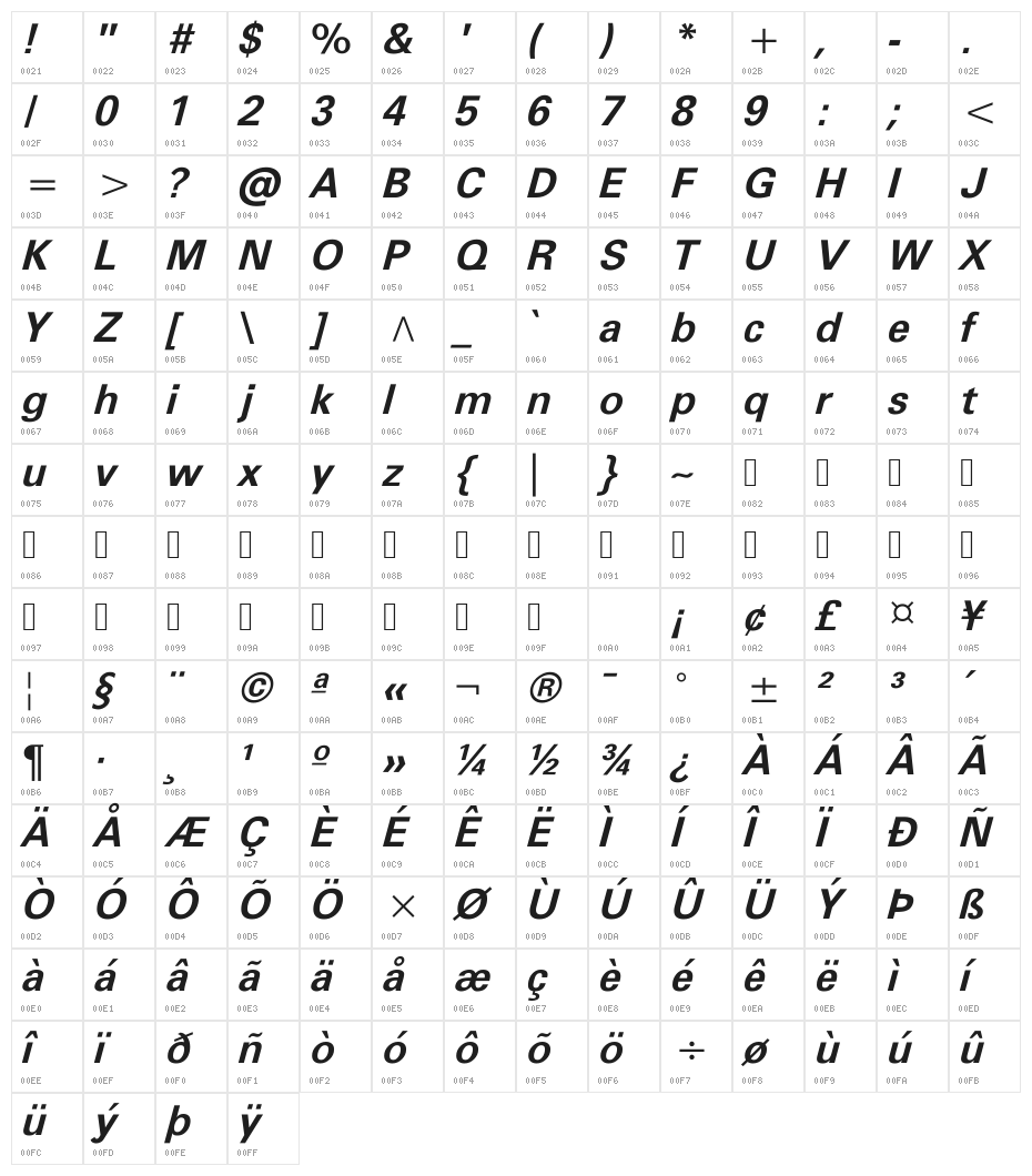 FreeUniversal-BoldItalic Character Map