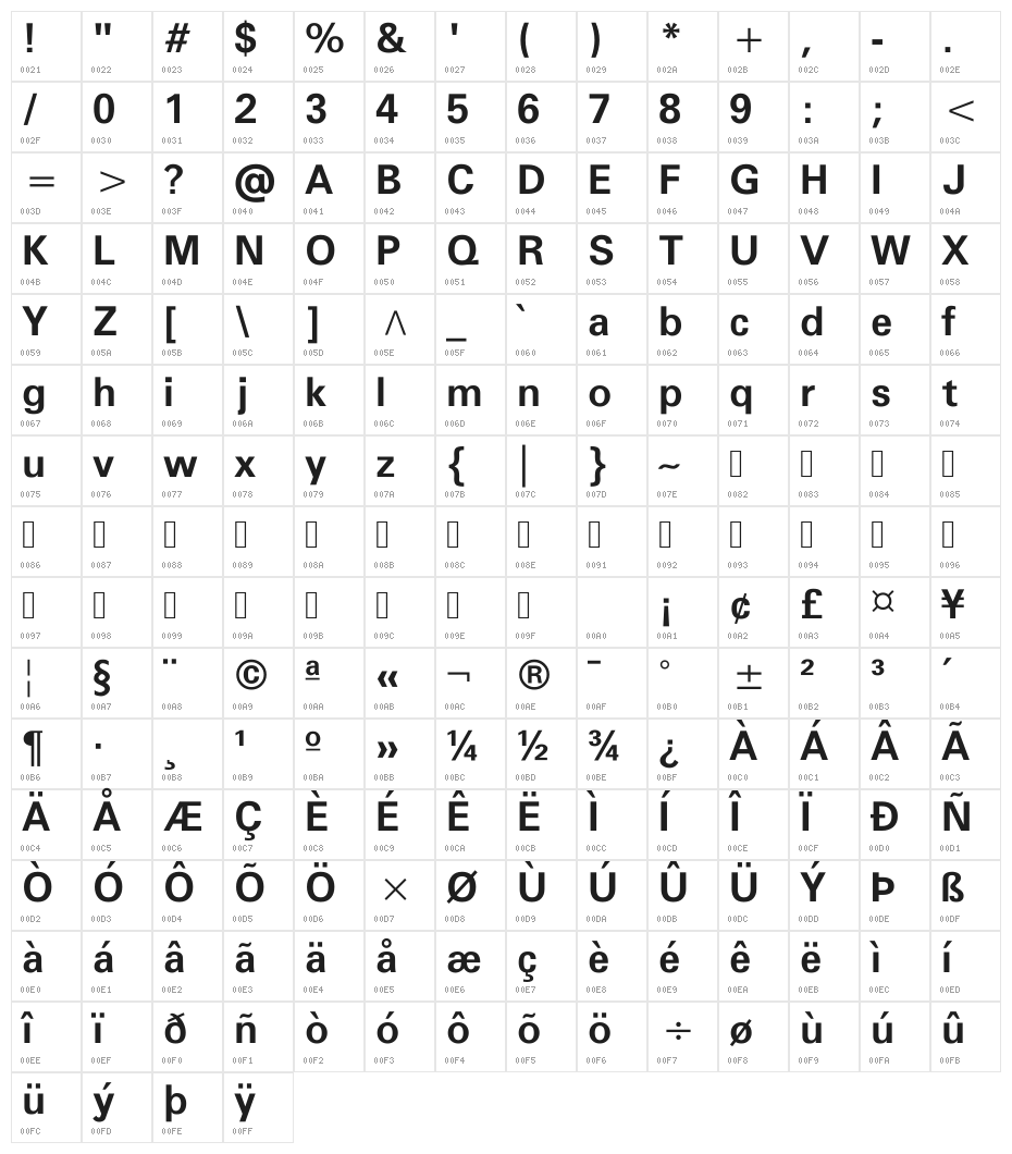 FreeUniversal-Bold Character Map