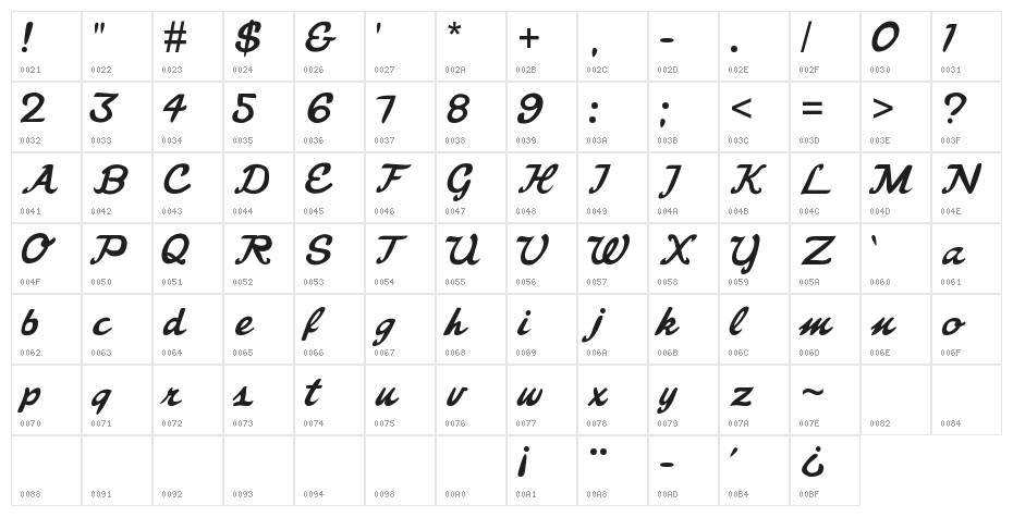 Freebrush Script Character Map