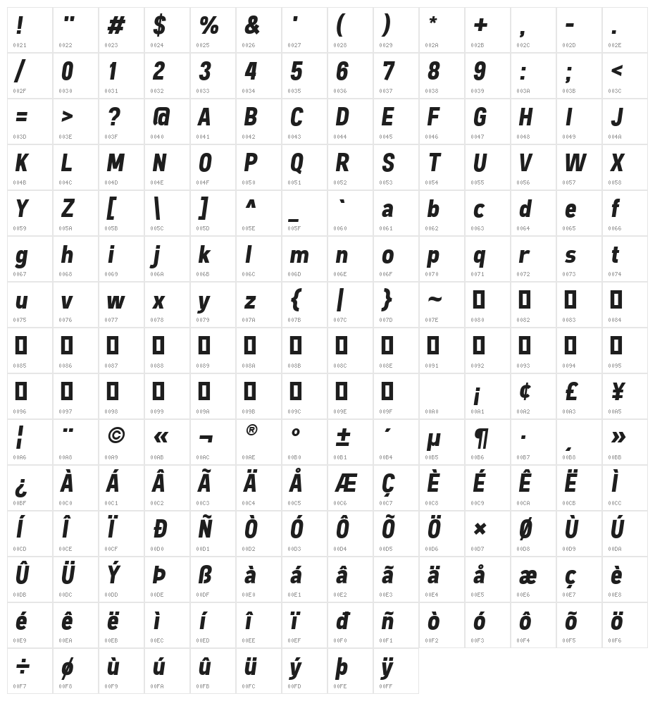 Freeroad Bold Italic Character Map