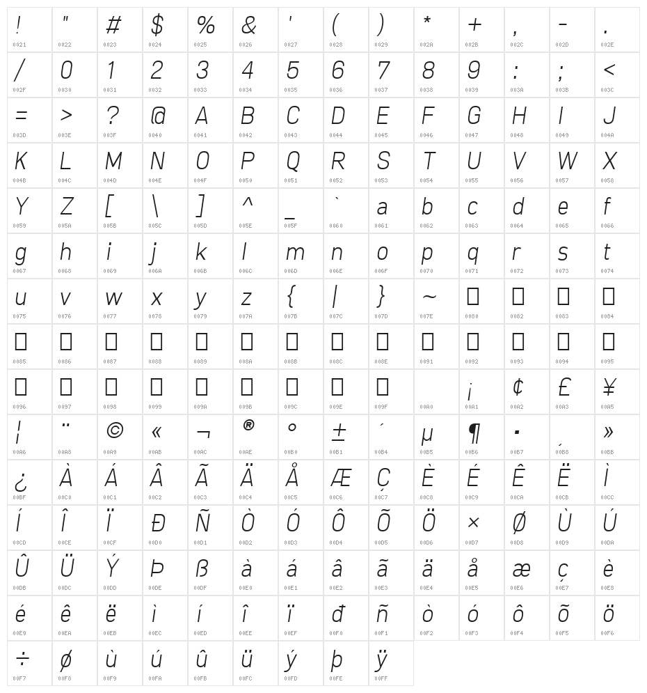 Freeroad Light Italic Character Map