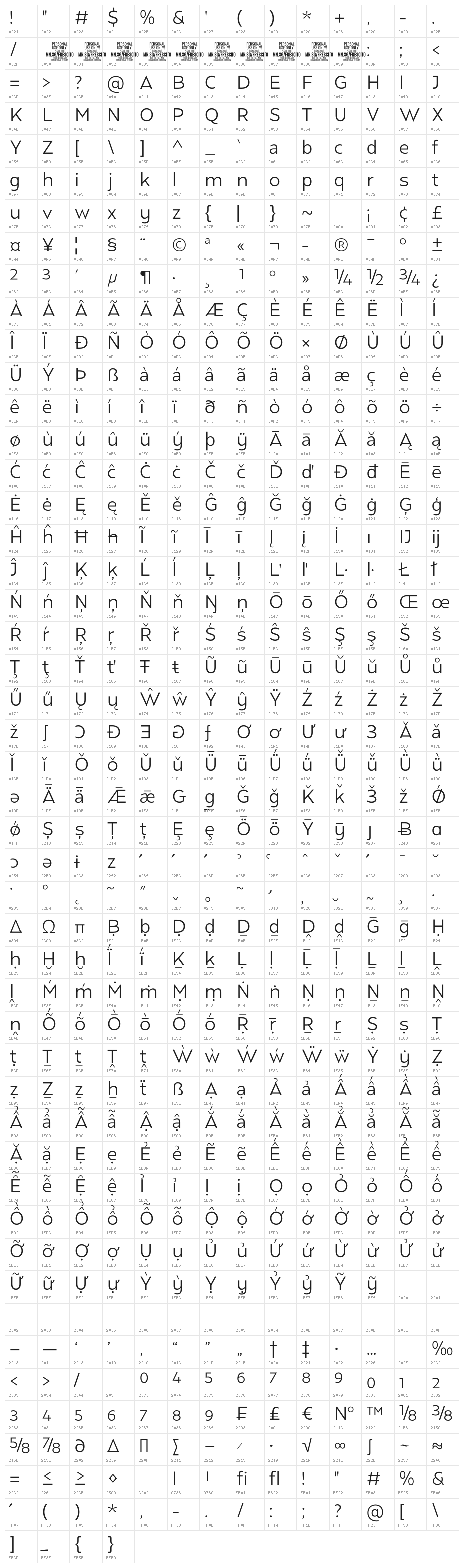 Frescito Light PERSONAL USE Regular Character Map