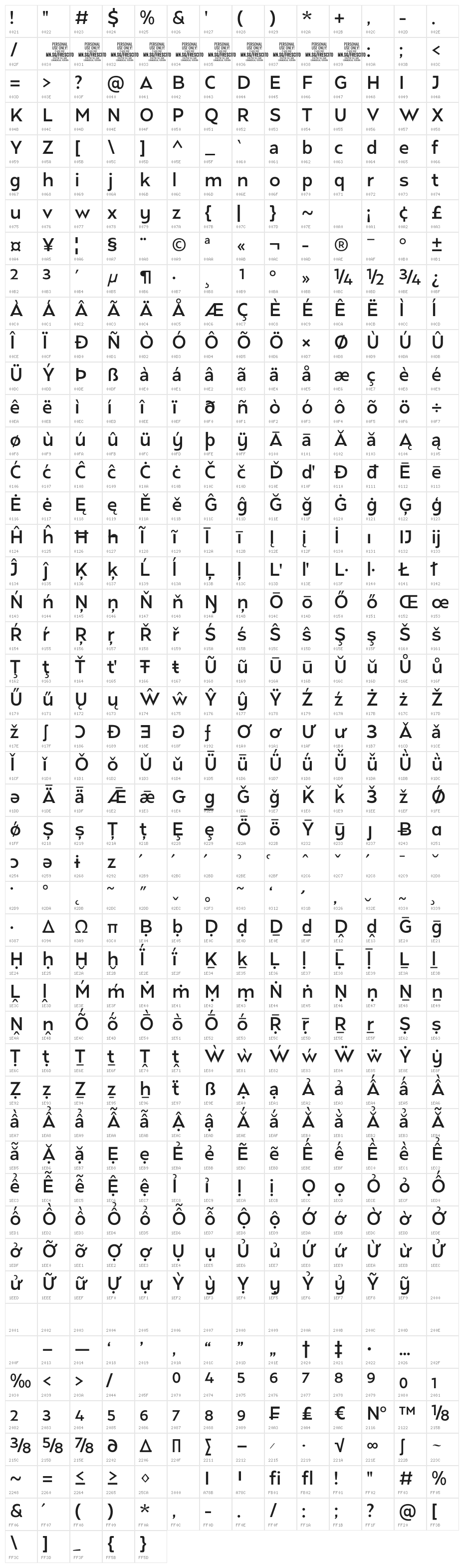 Frescito Regular PERSONAL USE Regular Character Map
