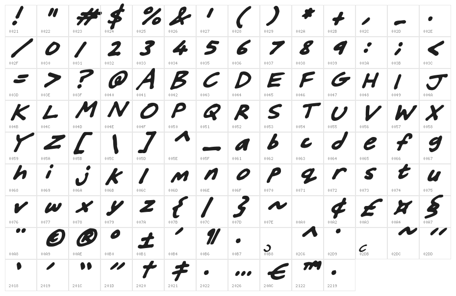 Friendly Felt Tips Italic Character Map