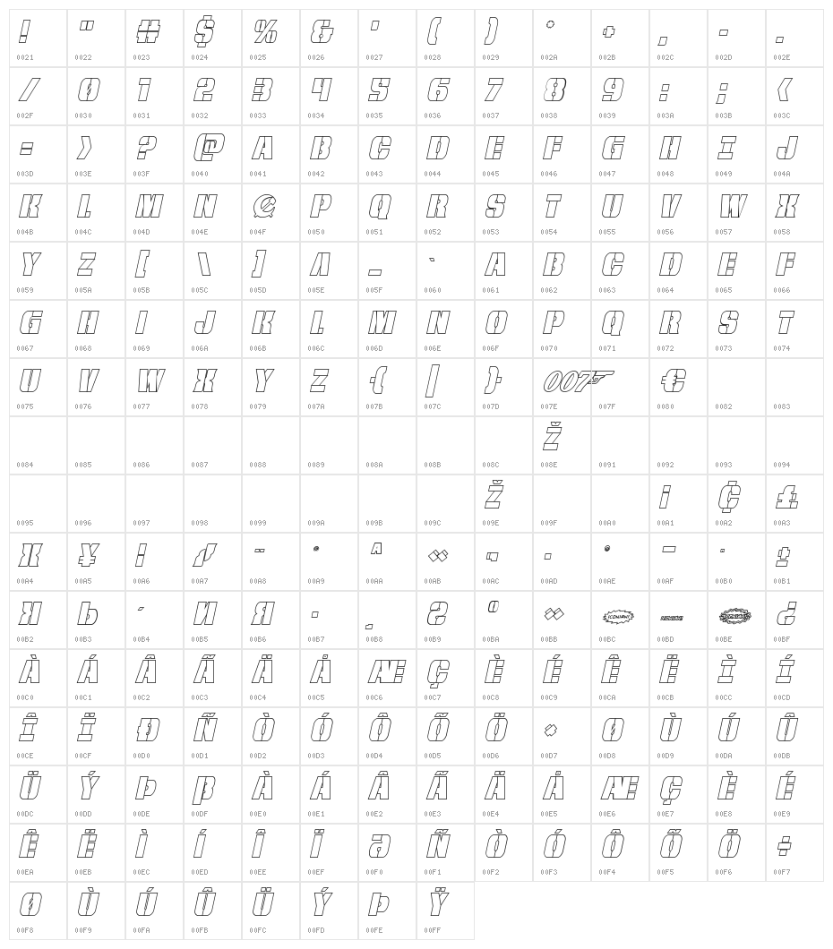 From BOND With Love Outline Italic Character Map
