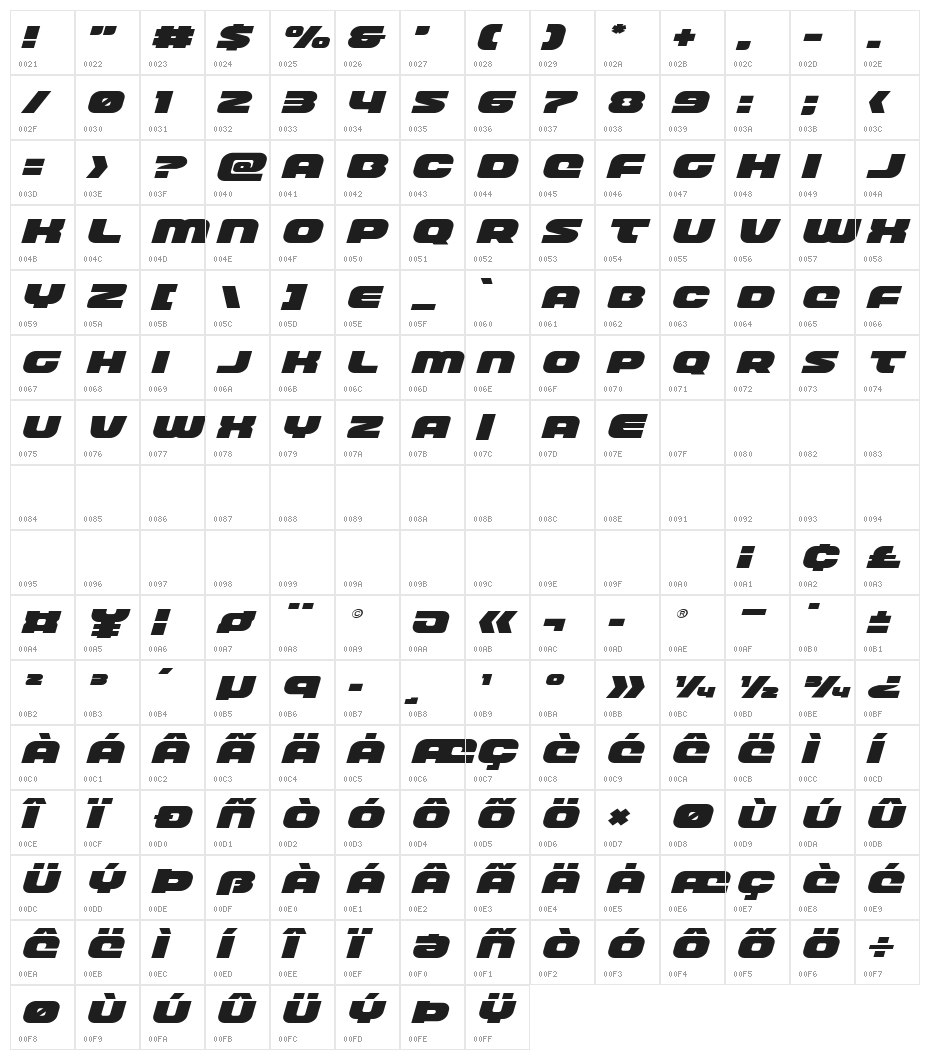 Front Runner Expanded Italic Character Map