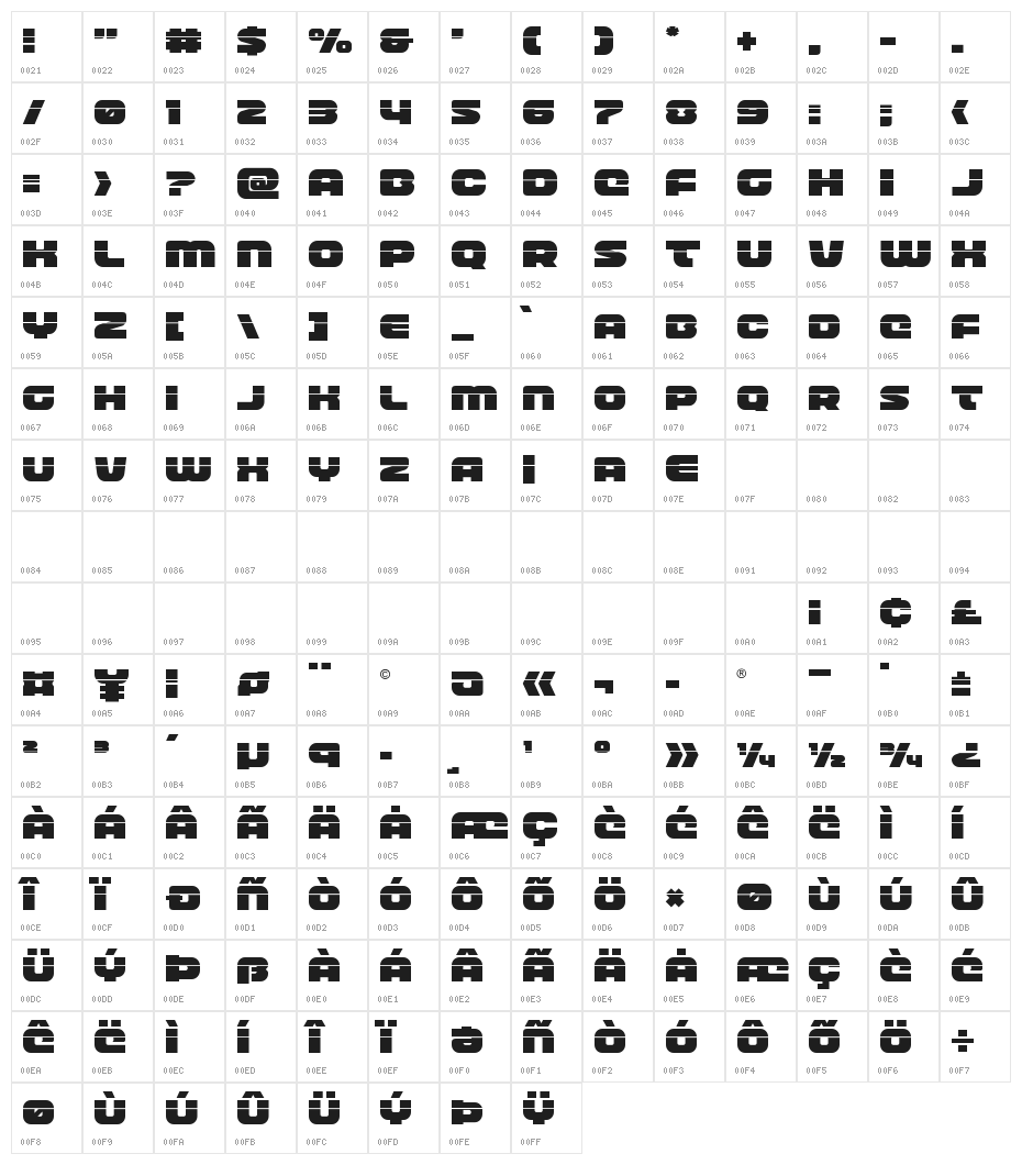Front Runner Laser Character Map