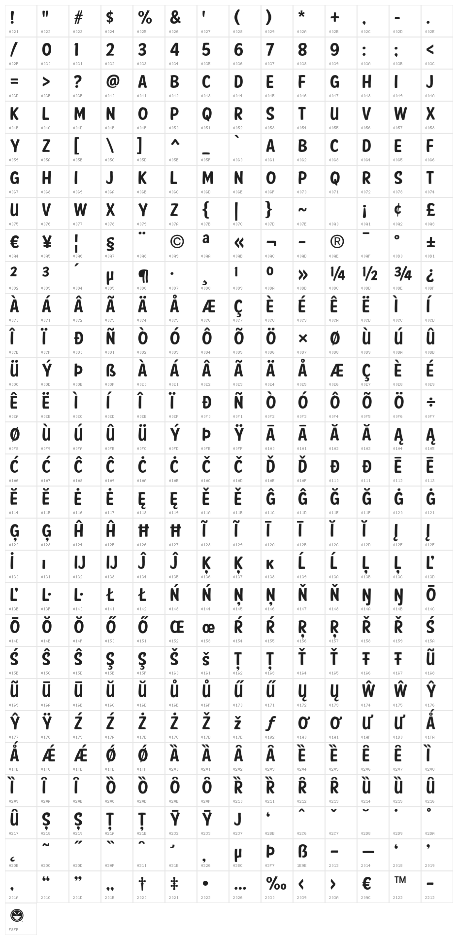 FTY SPEEDY CASUAL NCV Character Map