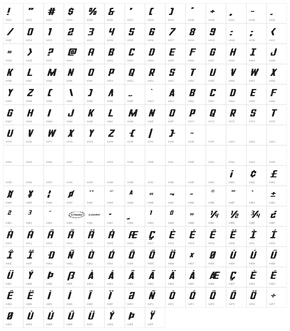 G.I. Incognito Squat Italic Character Map